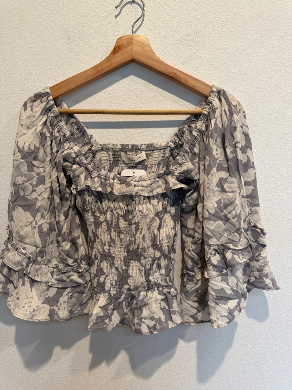 Mustard Seed Gray & White Floral Smocked Off-Shoulder Top